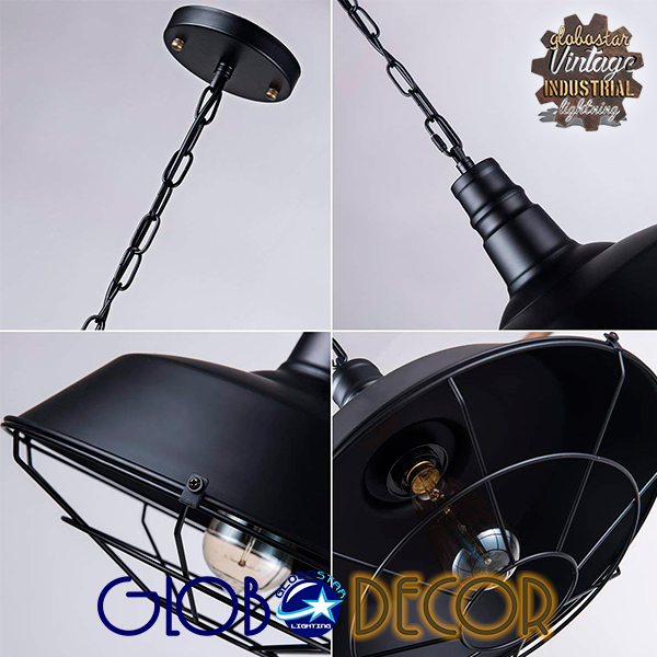 GLOBOSTAR® RAY 01048 Vintage Κρεμαστό Φωτιστικό Οροφής με Ντουί 1 x E27 AC 220-240V IP20 - Μαύρο - Μ46 x Π46 x Υ25cm - Image 4