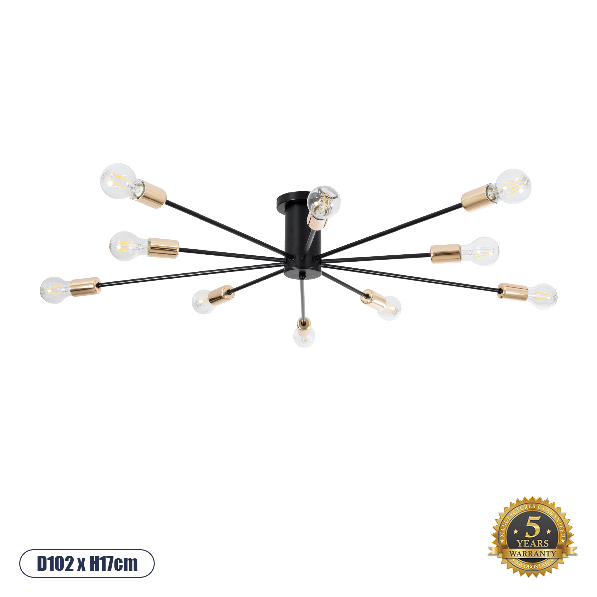 GLOBOSTAR® OLINDA 01244 Μοντέρνο Φωτιστικό Οροφής με Ντουί 10 x E27 AC 220-240V IP20 - Μαύρο & Χρυσό - Μ102 x Π102 x Υ17cm