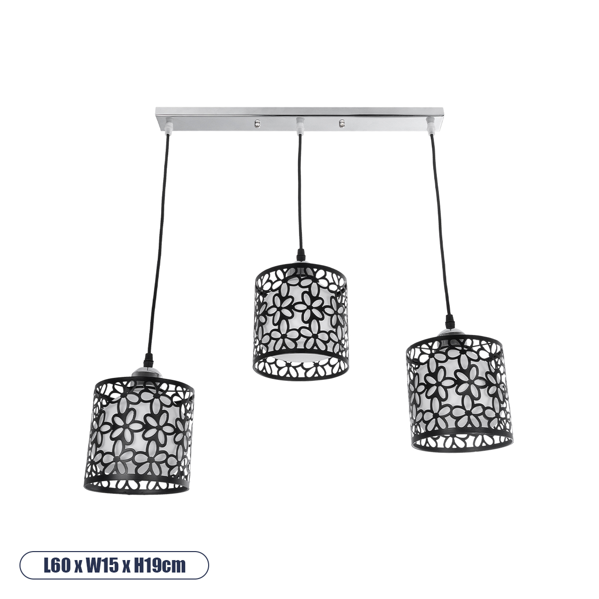 GLOBOSTAR® RAINELDA 01247 Μοντέρνο Κρεμαστό Φωτιστικό Οροφής με Ντουί 3 x E27 AC 220-240V IP20 - Μαύρο & Λευκό - Μ60 x Π15 x Υ19cm