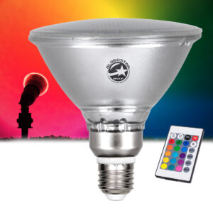 GLOBOSTAR® GARDENPAR 60233 Σποτ E27 PAR38 Σκληρού Υάλου με IR Ασύρματο Χειριστήριο LED 18W 900lm 60° AC 220-240V Αδιάβροχο IP65 Πολύχρωμο RGB Dimmable - Μ12 x Π12 x Υ13cm - 3 Χρόνια Εγγύηση