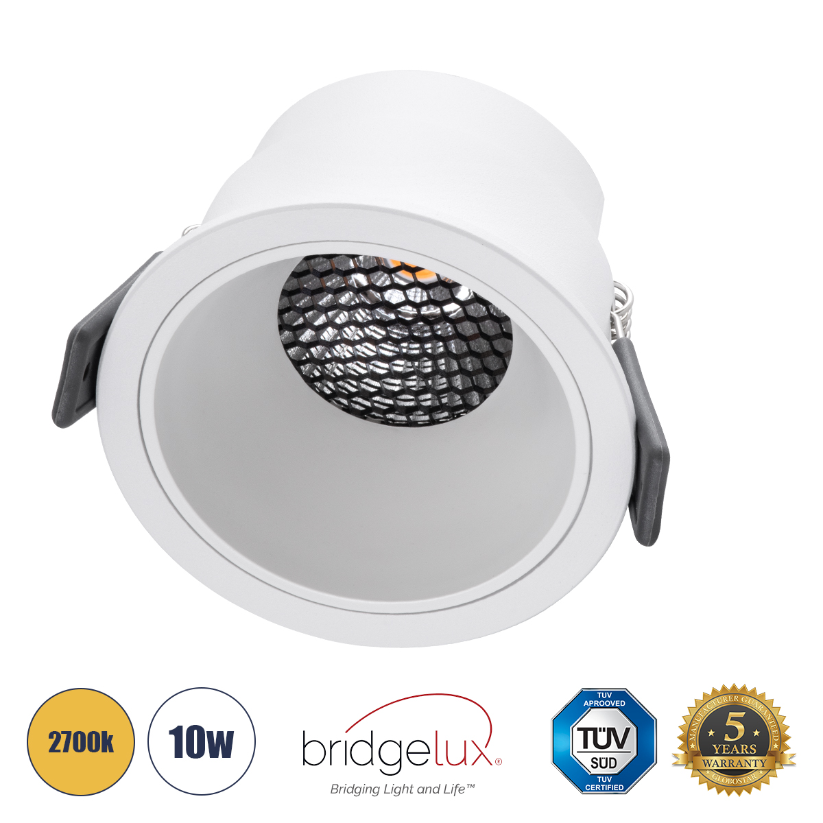 GLOBOSTAR® PLUTO-M 60255 Χωνευτό Downlight Σποτ με Honeycomb Anti Glare Reflector LED 10W 1250lm 38° AC 220-240V IP20 Θερμό Λευκό 2700K - Bridgelux COB Chip & TÜV SÜD Driver - Λευκό Ματ - Μ8.4 x Π8.4 x Υ5.9cm / Q7.5cm - 5 Χρόνια Εγγύηση
