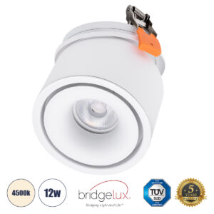 GLOBOSTAR® OMEGA-R 60294 Χωνευτό Κινούμενο Downlight Σποτ LED 12W 1560lm 36° AC 220-240V IP20 Φυσικό Λευκό 4500K - Bridgelux COB Chip & TÜV SÜD Driver - Λευκό Ματ - Μ10 x Π10 x Υ8.2cm / Q9cm - 5 Χρόνια Εγγύηση