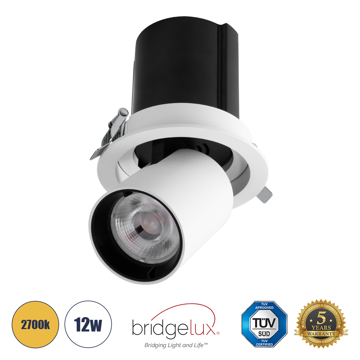 GLOBOSTAR® VIRGO-M 60307 Χωνευτό Κινούμενο Downlight Σποτ LED 12W 1500lm 36° AC 220-240V IP20 Θερμό Λευκό 2700K - Bridgelux COB Chip & TÜV SÜD Driver - Λευκό & Μαύρο Ματ - Μ11 x Π11 x Υ11.5cm / Q9.5cm - 5 Χρόνια Εγγύηση