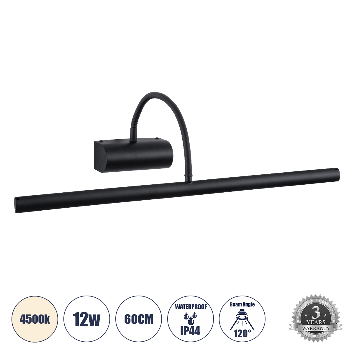 GLOBOSTAR® TROIS 60436 Μοντέρνο Φωτιστικό Τοίχου - Απλίκα Καθρέπτη Μπάνιου LED 12W 1400lm 120° AC 220-240V IP44 Φυσικό Λευκό 4500K - Lumileds SMD Chip & TÜV SÜD Driver - Μαύρο Ματ - Μ60 x Π24 x Υ18cm - 3 Χρόνια Εγγύηση
