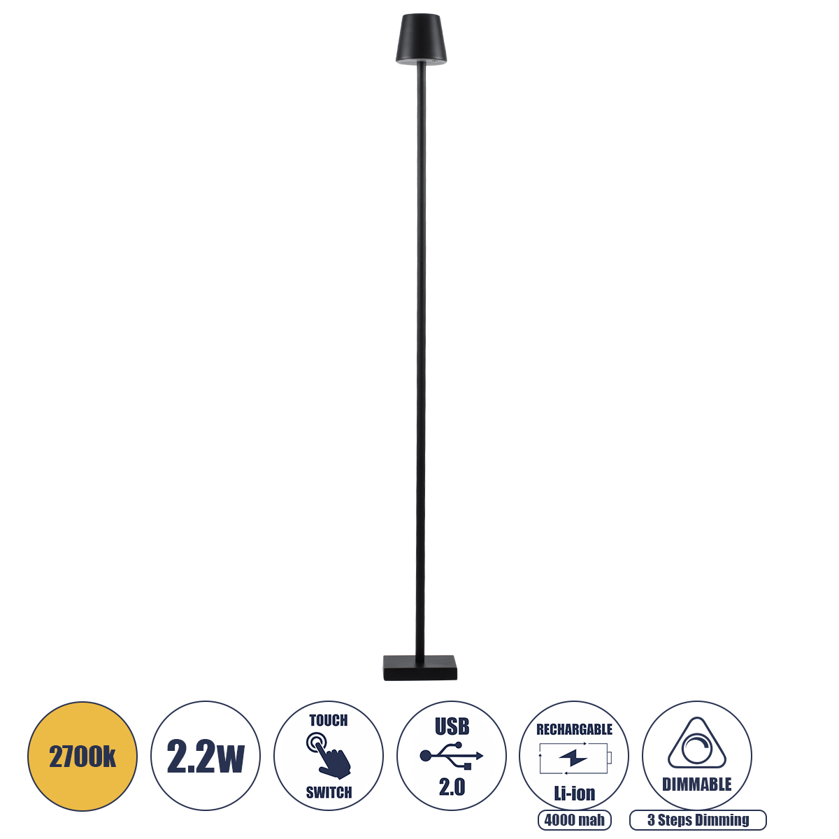 GLOBOSTAR® NEGA 60477 Μοντέρνο Επιδαπέδιο Φωτιστικό LED 2.2W 154lm 360° DC 5V με USB 2.0 με Επαναφορτιζόμενη Μπαταρία Li-ion 3.7V 4000mAh IP44 Θερμό Λευκό 2700K με Αφή Dimmable - Lumileds SMD Chip - Μαύρο - Μ10 x Π10 x Υ135cm - 2 Χρόνια Εγγύηση