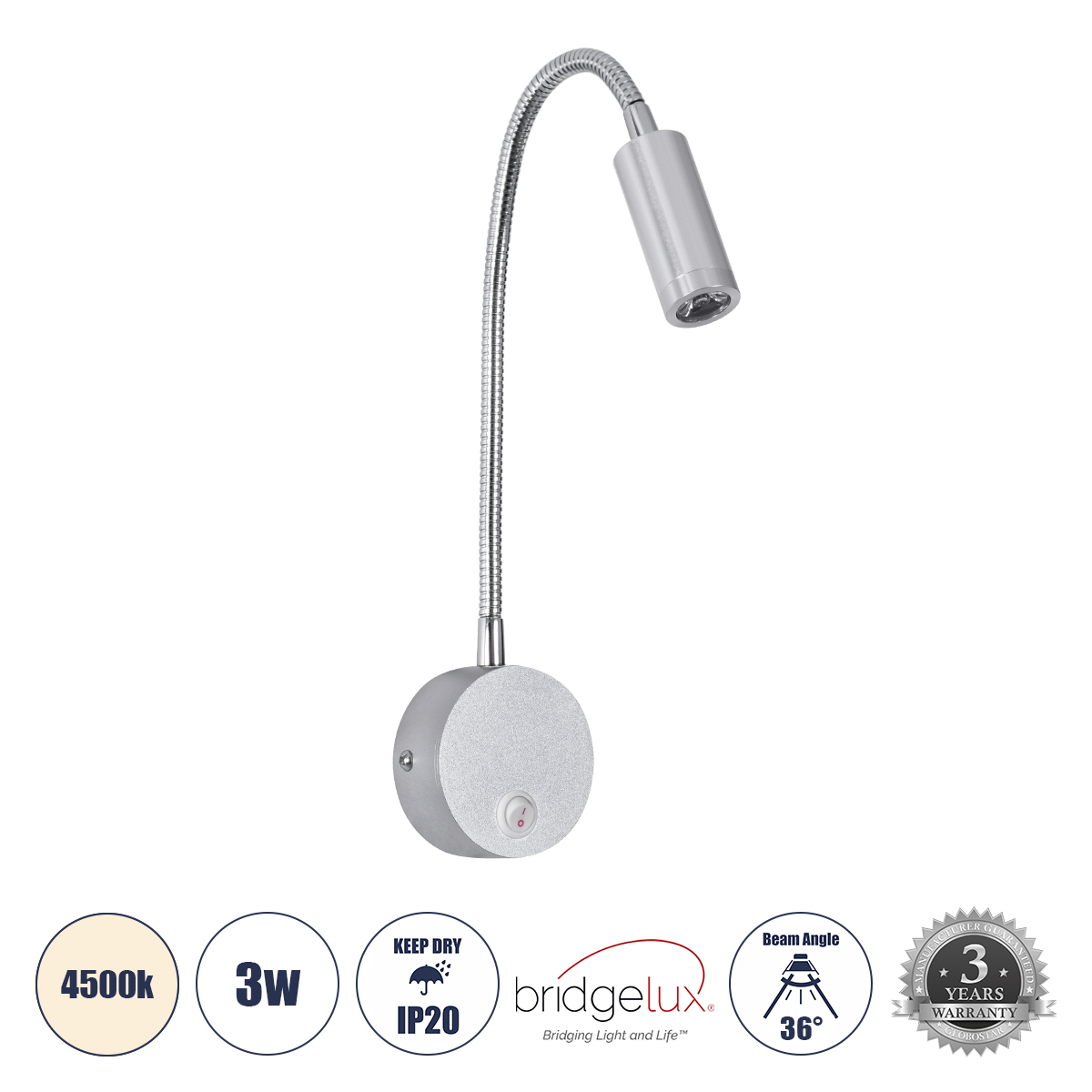 GLOBOSTAR® GOOSE 60879 Μοντέρνο Φωτιστικό Τοίχου - Απλίκα Ξενοδοχείου Reading Light LED 3W 300lm 36° AC 220-240V IP20 Φυσικό Λευκό 4500K - CREE XPE Chip & TÜV SÜD Driver - Σατινέ Νίκελ Βούρτσας - Μ6.5 x Π15 x Υ24.5cm - 3 Χρόνια Εγγύηση