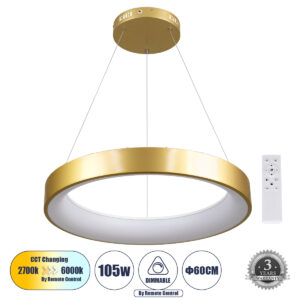 GLOBOSTAR® SALEM 61247 Μοντέρνο Κρεμαστό Φωτιστικό Οροφής LED 105W 12075lm 120° AC 220-240V IP20 Ρυθμιζόμενο Λευκό CCT με Χειριστήριο από 2700K έως 6000K Dimmable - Lumileds SMD Chip - Χρυσό - Μ60 x Π60 x Υ6cm - 3 Χρόνια Εγγύηση