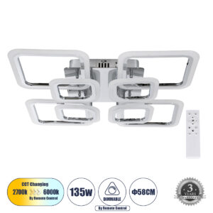 GLOBOSTAR® ROYAL-S 61326 Μοντέρνο Φωτιστικό Οροφής LED 135W 16200lm 360° AC 220-240V IP20 Ρυθμιζόμενο Λευκό CCT με Χειριστήριο από 2700K έως 6000K Dimmable - Lumileds SMD Chip - Ασημί Νίκελ - Μ58.5 x Π58.5 x Υ12cm - 3 Χρόνια Εγγύηση