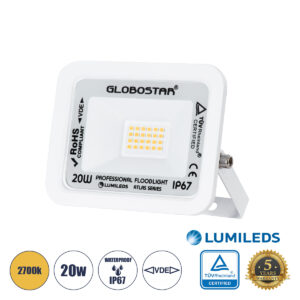 GLOBOSTAR® ATLAS 61409 Προβολέας LED 20W 2300lm 120° AC 220-240V Αδιάβροχο IP67 Θερμό Λευκό 2700K - Lumileds SMD Chip - TÜV Rheinland Certified - Λευκό Ματ - Μ12 x Π2.5 x Υ9.5cm - 5 Χρόνια Εγγύηση