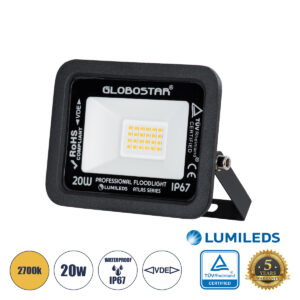 GLOBOSTAR® ATLAS 61412 Προβολέας LED 20W 2300lm 120° AC 220-240V Αδιάβροχο IP67 Θερμό Λευκό Ματ 2700K - Lumileds SMD Chip - TÜV Rheinland Certified - Μαύρο Ματ - Μ12 x Π2.5 x Υ9.5cm - 5 Χρόνια Εγγύηση
