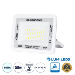 GLOBOSTAR® ATLAS 61419 Προβολέας LED 50W 6250lm 120° AC 220-240V Αδιάβροχο IP67 Ψυχρό Λευκό 6000K - Lumileds SMD Chip - TÜV Rheinland Certified - Λευκό Ματ - Μ21 x Π3.5 x Υ16cm - 5 Χρόνια Εγγύηση