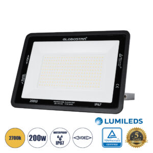GLOBOSTAR® ATLAS 61433 Προβολέας LED 200W 23000lm 120° AC 220-240V Αδιάβροχο IP67 Θερμό Λευκό 2700K - Lumileds SMD Chip - TÜV Rheinland Certified - Μαύρο Ματ - Μ38 x Π4 x Υ28cm - 5 Χρόνια Εγγύηση