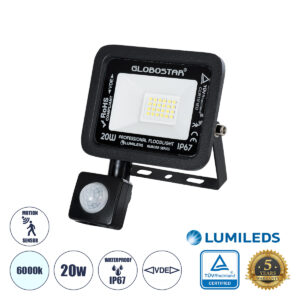 GLOBOSTAR® AURORA 64137 Προβολέας με Ανιχνευτή PIR / Αισθητήρα Κίνησης LED 20W 2500lm 120° AC 220-240V Αδιάβροχο IP67 Ψυχρό Λευκό 6000K - Lumileds SMD Chip - TÜV Rheinland Certified - Μαύρο Ματ - Μ12 x Π5 x Υ14.5cm - 3 Χρόνια Εγγύηση