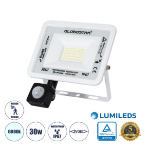 GLOBOSTAR® AURORA 64440 Προβολέας με Ανιχνευτή PIR / Αισθητήρα Κίνησης LED 30W 3750lm 120° AC 220-240V Αδιάβροχο IP67 Ψυχρό Λευκό 6000K - Lumileds SMD Chip - TÜV Rheinland Certified - Λευκό Ματ - Μ16 x Π5 x Υ17.5cm - 3 Χρόνια Εγγύηση