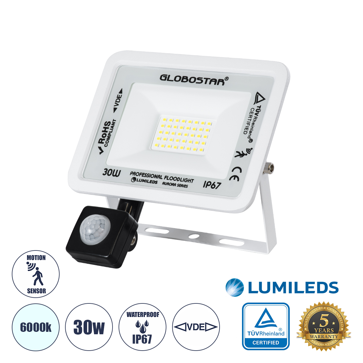 GLOBOSTAR® AURORA 64440 Προβολέας με Ανιχνευτή PIR / Αισθητήρα Κίνησης LED 30W 3750lm 120° AC 220-240V Αδιάβροχο IP67 Ψυχρό Λευκό 6000K - Lumileds SMD Chip - TÜV Rheinland Certified - Λευκό Ματ - Μ16 x Π5 x Υ17.5cm - 3 Χρόνια Εγγύηση