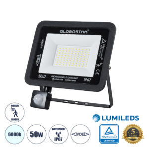 GLOBOSTAR® AURORA 61441 Προβολέας με Ανιχνευτή PIR / Αισθητήρα Κίνησης LED 50W 6250lm 120° AC 220-240V Αδιάβροχο IP67 Ψυχρό Λευκό 6000K - Lumileds SMD Chip - TÜV Rheinland Certified - Μαύρο Ματ - Μ21 x Π5 x Υ21cm - 3 Χρόνια Εγγύηση