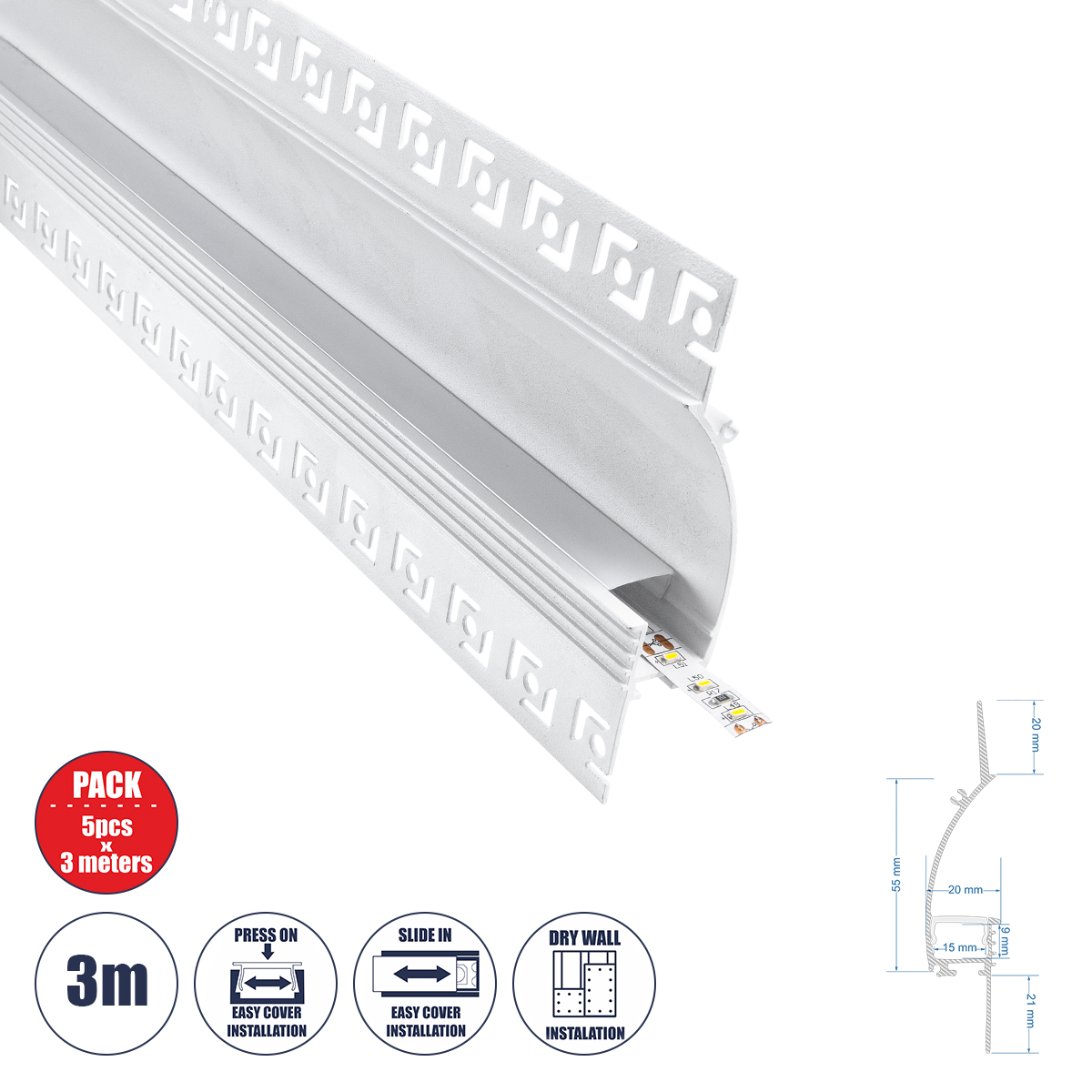 GLOBOSTAR® ALP-PLASTERIN GYPSO 70840-3M Χωνευτό Προφίλ Αλουμινίου Ειδικό για Δημιουργία Κρυφού Φωτισμού σε Γυψοσανίδα με Λευκό Γαλακτερό Πατητό Κάλυμμα για Ταινίες LED IP20 - Ασημί & Λευκό - Μ300 x Π9.7 x Υ2cm - Πακέτο 5 Τεμαχίων