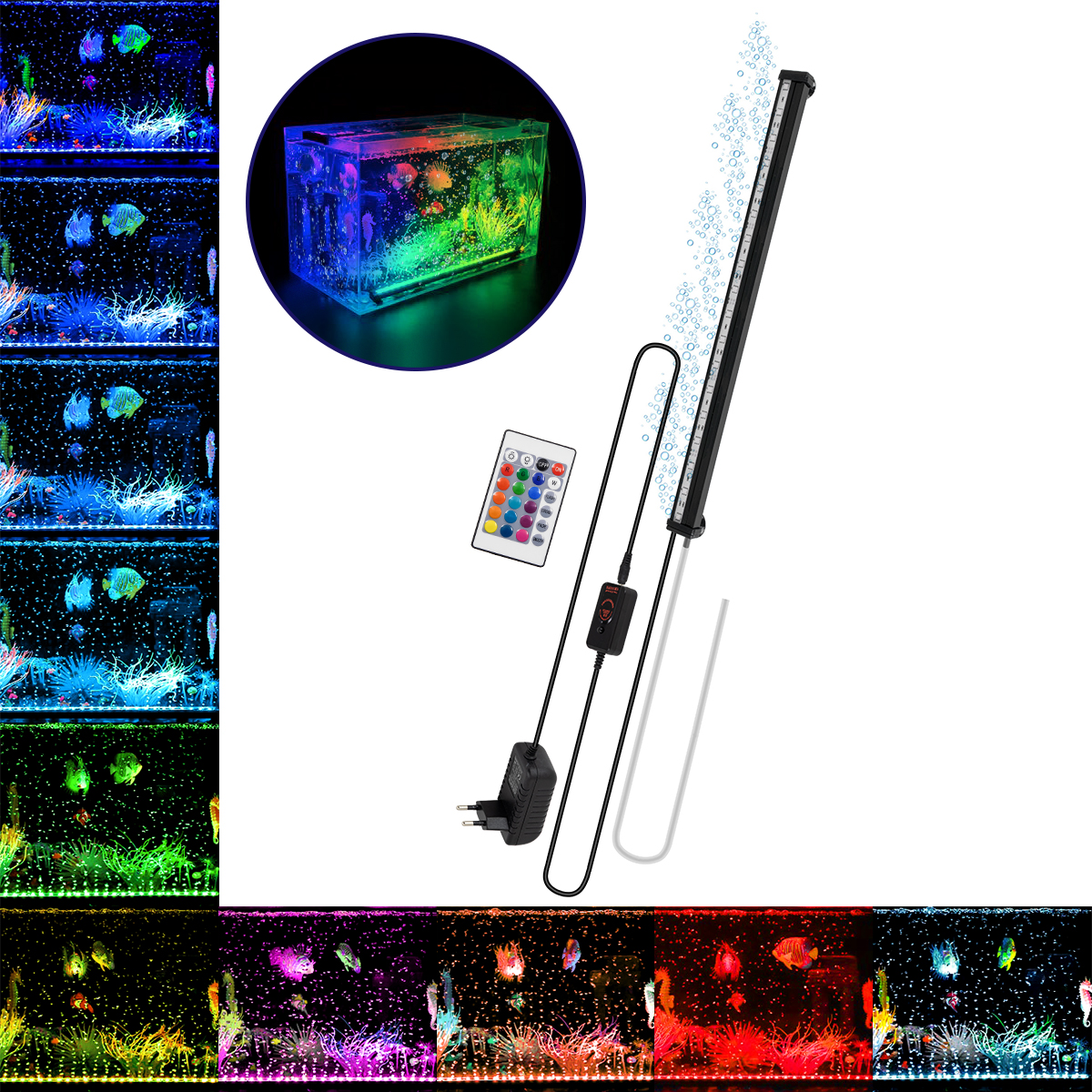 GLOBOSTAR® AQUARIUS 79676 Φωτιστικό Ενυδρείου με Οξυγονωτή & IR Ασύρματο Χειριστήριο LED 18W 900lm 180° AC 220-240V Αδιάβροχο IP68 Πολύχρωμο RGB Dimmable - Sanan SMD Chip - Μαύρο - Μ45 x Π2.8 x Υ1.3cm - 2 Χρόνια Εγγύηση