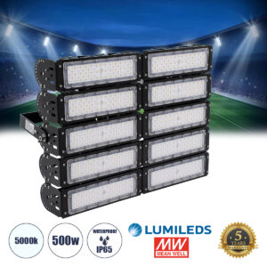 GLOBOSTAR® GOLIATH 90104 Προβολέας για Γήπεδα Tennis & Ποδοσφαίρου 5x5 LED 500W 75000lm 75°x135° SDCM<5 Fish Eye Lens AC 220-240V Αδιάβροχο IP65 IK08 Φυσικό Λευκό 5000K - Lumileds SMD Chip & Mean Well Driver - Μαύρο Ματ - Μ62 x Π22 x Υ45cm - 5 Χρόνια Εγγύηση