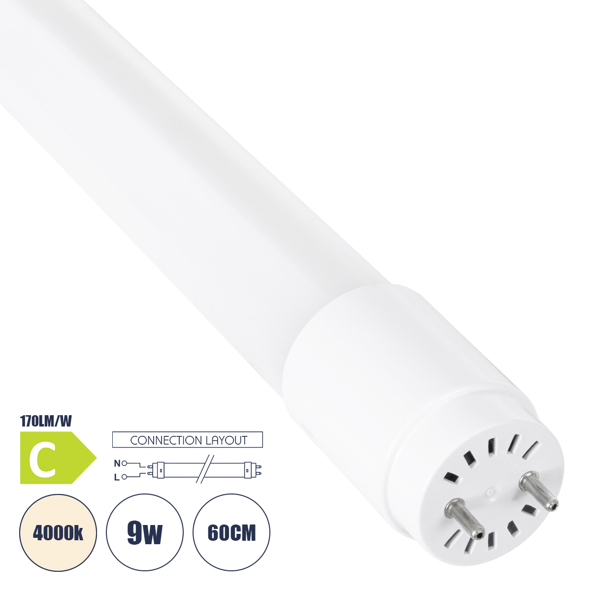 GLOBOSTAR® TUBOR 99100 Λάμπα T8 G13 Τύπου Φθορίου 60cm LED 9W 1530lm 300° AC 220-240V IP20 Φυσικό Λευκό 4500K - Lumileds SMD Chip - Λευκό Γαλακτερό - Μ2.6 x Π2.6 x Υ60cm - 3 Χρόνια Εγγύηση