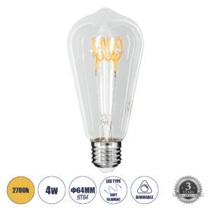 GLOBOSTAR® PEAR 99140 Λάμπα E27 ST64 LED 4W 300lm 360° AC 220-240V IP20 Θερμό Λευκό 2700K Dimmable - Soft T Spiral Filament Chip - Διάφανο - Μ6.4 x Π6.4 x Υ14cm - 3 Χρόνια Εγγύηση