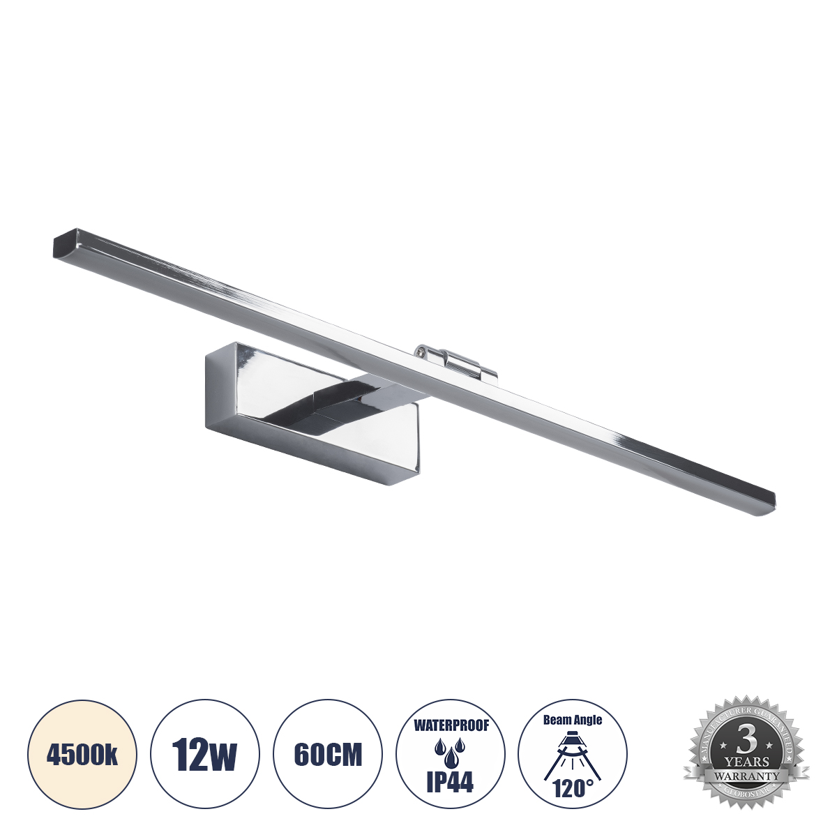 GLOBOSTAR® ELLIS 60445 Μοντέρνο Φωτιστικό Τοίχου - Απλίκα Καθρέπτη Μπάνιου LED 12W 1400lm 120° AC 220-240V IP44 Φυσικό Λευκό 4500K - Lumileds SMD Chip & TÜV SÜD Driver - Νίκελ Χρώμιο - Μ60 x Π16 x Υ6cm - 3 Χρόνια Εγγύηση