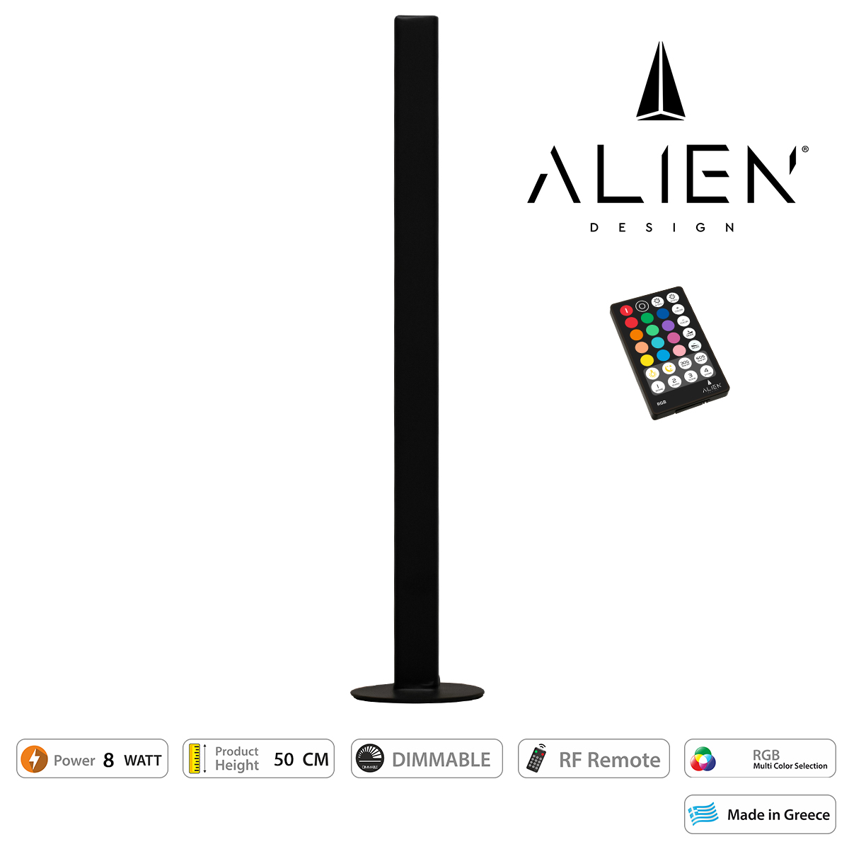 GloboStar® ALIEN-DIVA-BLACK-50-8 ALIEN Design DIVA Μοντέρνο Minimal Nordic Μεταλλικό Φωτιστικό Επιτραπέζιο - Πορτατίφ - Λαμπατέρ Μαύρο LED 8W 800lm με Ασύρματο Χειριστήριο RF & Dimmer IP20 Πολύχρωμο RGB Μ3 x Π1.6 x Υ50cm - Image 4