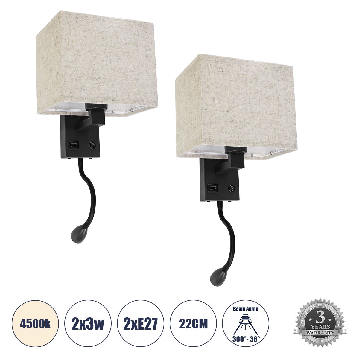 GLOBOSTAR® ROULETTE-S 61382 Μοντέρνο Φωτιστικό Τοίχου - Απλίκα Ξενοδοχείου Reading Light με Φορτιστή USB 3A & Ντουί 1 x E27 LED 3W 360lm 36° & 360° AC 220-240V IP20 Φυσικό Λευκό 4500K - Bridgelux COB Chip & TÜV SÜD Driver - Μαύρο & Μπεζ - Μ17 x Π20 x Υ37cm - Σετ 2 Τεμαχίων - 3 Χρόνια Εγγύηση