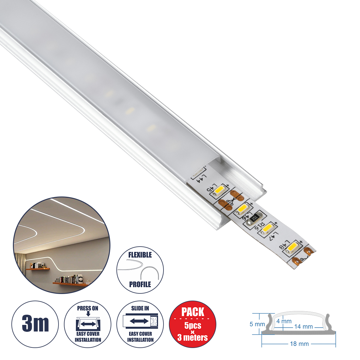 GLOBOSTAR® ALP-LINEAR CURBARIO 70802-3M Επιφανειακό Εύκαμπτο Προφίλ Αλουμινίου με Λευκό Γαλακτερό Πατητό Κάλυμμα για Ταινίες LED IP20 - Ασημί & Λευκό - Μ300 x Π1.8 x Υ0.5cm - Πακέτο 5 Τεμαχίων