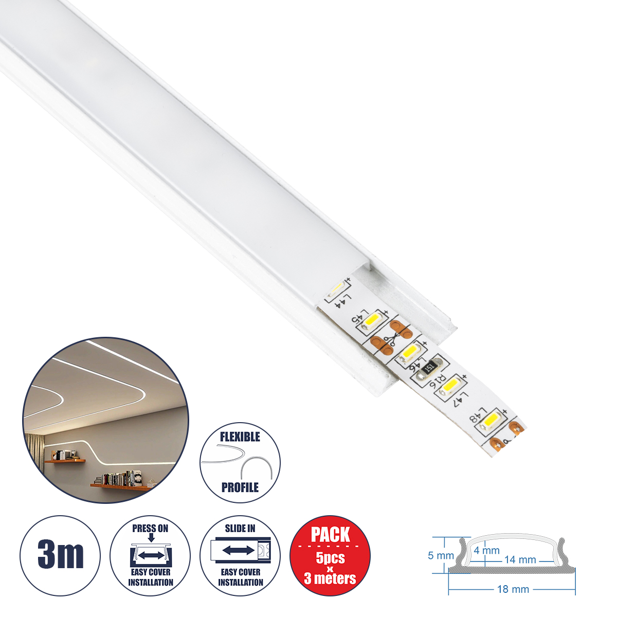 GloboStar® ALP-LINEAR CURBARIO 70863-3M Προφίλ Αλουμινίου - Βάση & Ψύκτρα Ταινίας LED με Λευκό Γαλακτερό Κάλυμμα - Επιφανειακή Χρήση - Εύκαμπτο με Δυνατότητα Κυρτής Τοποθέτησης - Πατητό Κάλυμμα - Λευκό - 3 Μέτρα - Πακέτο 5 Τεμαχίων - Μ300 x Π1.8 x Υ0.5cm