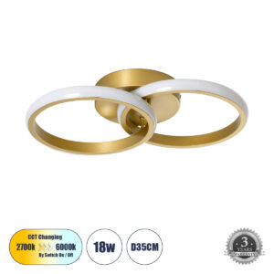 GLOBOSTAR® CORA 61060 Μοντέρνο Φωτιστικό Οροφής LED 18W 2160lm 300° AC 220-240V IP20 Ρυθμιζόμενο Λευκό CCT με On/Off 2700K/4500K/6000K - Lumileds SMD Chip - Σατινέ Χρυσό Βούρτσας - Μ36 x Π20.5 x Υ7cm - 3 Χρόνια Εγγύηση