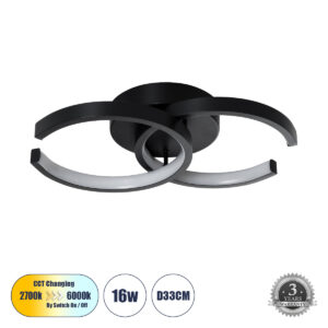 GLOBOSTAR® EVA 61067 Μοντέρνο Φωτιστικό Οροφής LED 16W 1920lm 300° AC 220-240V IP20 Ρυθμιζόμενο Λευκό CCT με On/Off 2700K/4500K/6000K - Lumileds SMD Chip - Μαύρο Ματ - Μ33 x Π21 x Υ7cm - 3 Χρόνια Εγγύηση