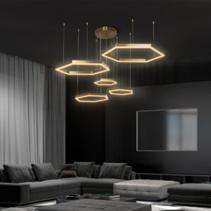 kelvo® LEXAGON KLV-101-0180 Κρεμαστό Φωτιστικό Οροφής LED 120W 12000lm 200° AC 220-240V IP20 Ρυθμιζόμενο Λευκό CCT με Χειριστήριο από 2700K έως 6000K Dimmable - Lumileds SMD Chip - Χρυσό Πλατίνα - Μ110 x Π90 x Υ110cm - 3 Χρόνια Εγγύηση