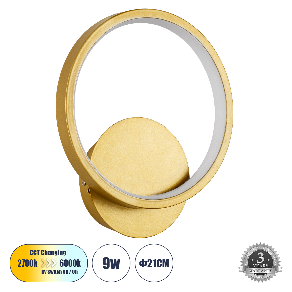 GLOBOSTAR® TED 61072 Μοντέρνο Φωτιστικό Τοίχου - Απλίκα LED 9W 1080lm 300° AC 220-240V IP20 Ρυθμιζόμενο Λευκό CCT με On/Off 2700K/4500K/6000K - Lumileds SMD Chip - Χρυσό Βούρτσας - Μ20 x Π5.5 x Υ23cm - 3 Χρόνια Εγγύηση