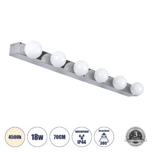 GLOBOSTAR® BELLA 60453 Μοντέρνο Φωτιστικό Τοίχου – Απλίκα Καθρέπτη Μπάνιου LED 18W 2052lm 300° AC 220-240V IP44 Φυσικό Λευκό 4500K – Bridgelux COB Chip & TÜV SÜD Driver – Ασημί & Λευκό – Μ70 x Π11 x Υ6cm – 3 Χρόνια Εγγύηση