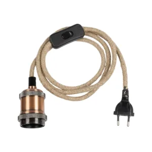 GLOBOSTAR® WHIP 77662 Μοντέρνο DIY Φωτιστικό με Υφασμάτινο Καλώδιο, Ντουί 1 x E27, Διακόπτη On/Off & Πρίζα AC 220-240V IP20 – Μπεζ & Χάλκινο – Μ150 x Π5 x Υ5cm