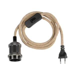 GLOBOSTAR® WHIP 77663 Μοντέρνο DIY Φωτιστικό με Υφασμάτινο Καλώδιο, Ντουί 1 x E27, Διακόπτη On/Off & Πρίζα AC 220-240V IP20 – Ασημί & Μαύρο – Μ150 x Π5 x Υ5cm