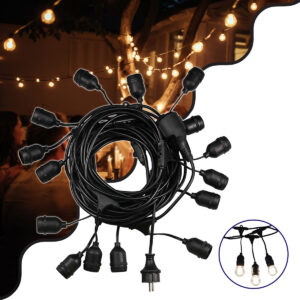 GLOBOSTAR® GARLAND 78985 Καλωδιογιρλάντα 20m με Ντουί 15 x E27 & Πρίζα Schuko AC 220-240V IP65 – Μαύρο – Μ1500 x Π127 x Υ16cm